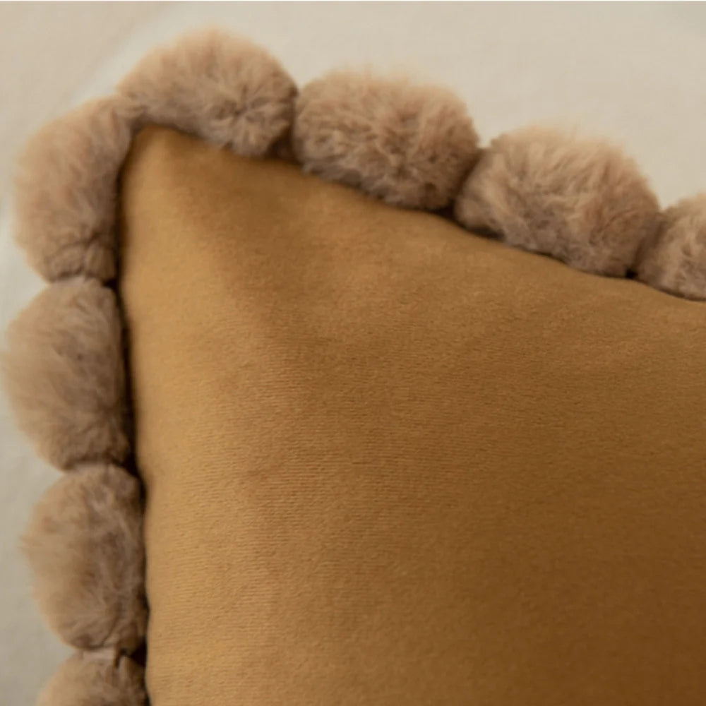 Velvet Cushion Cover with Pom-Pom Trim