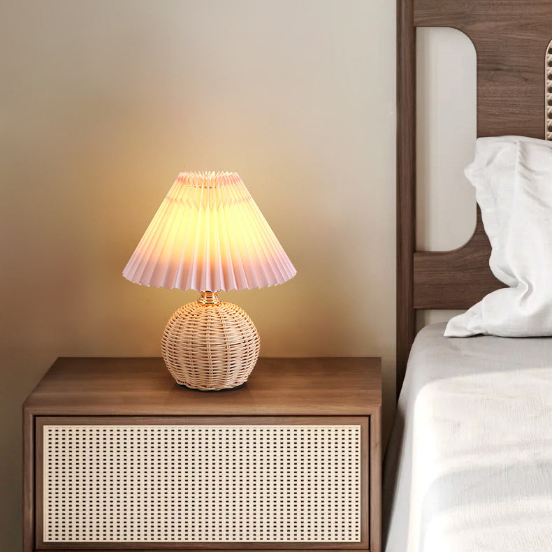 Nordic LED Table Lamp with Woven Rattan Base and Dimmable Fabric Shade
