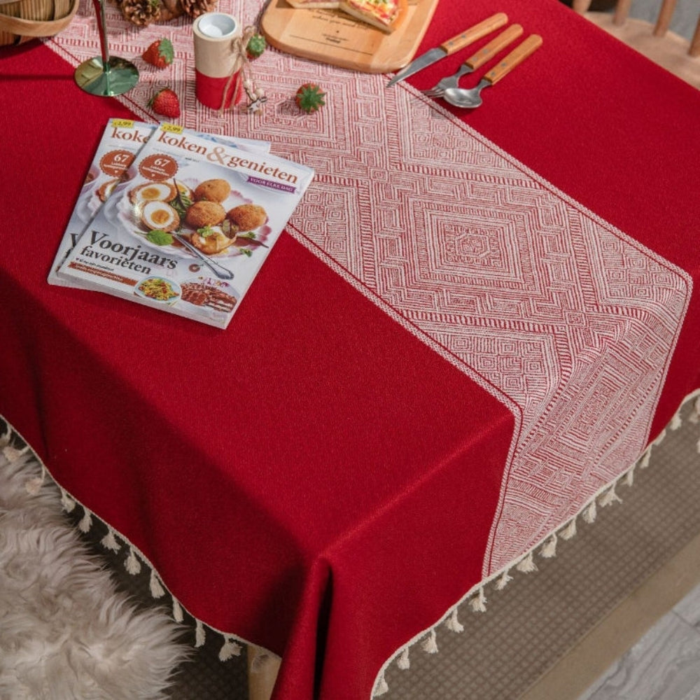 Geometric Jacquard Tablecloth with Tassel Fringe