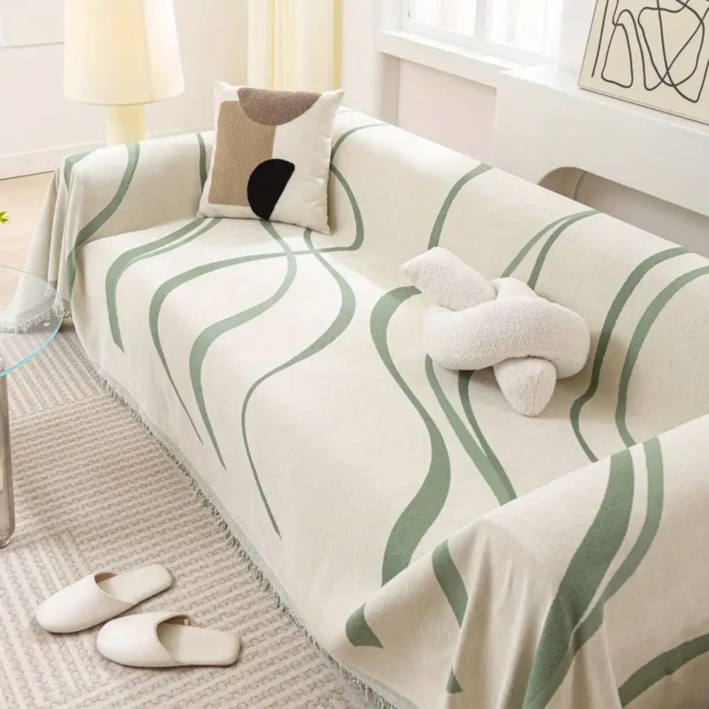 Chenille Sofa Cover with Wave Lines and Tassels