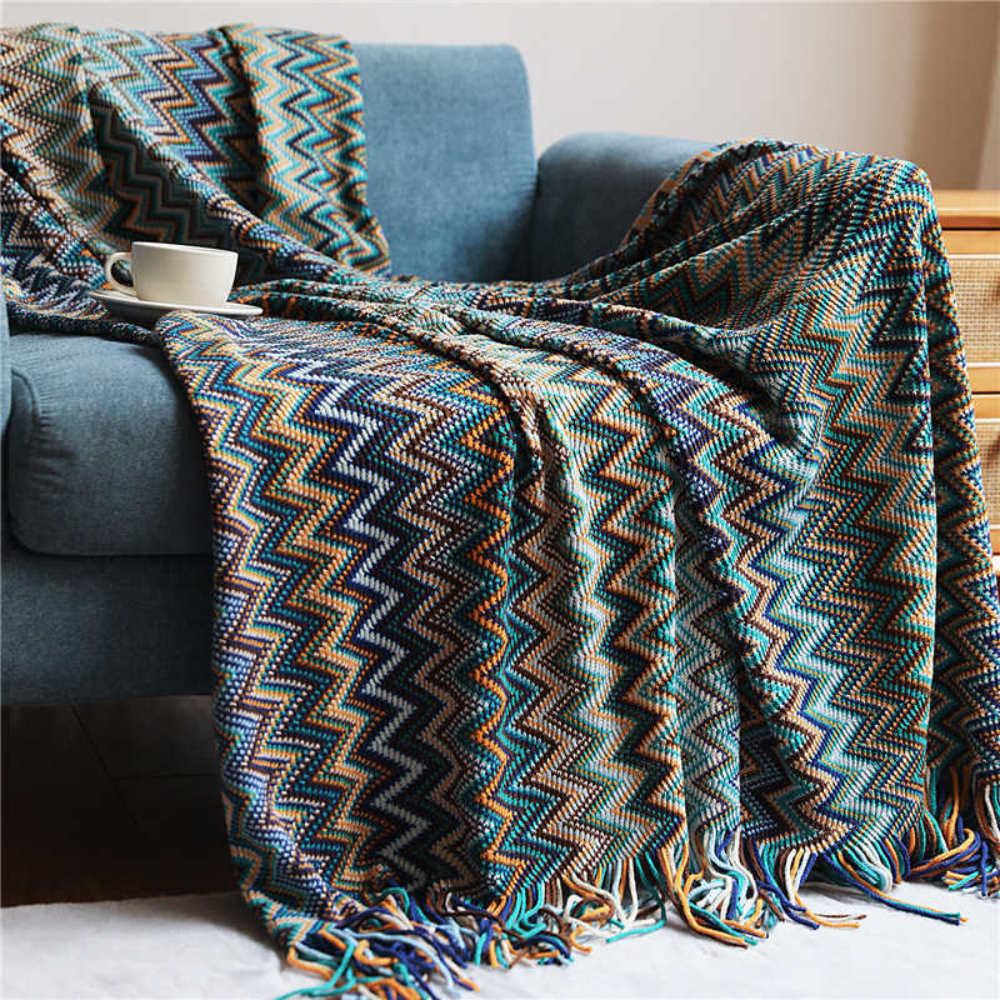 Multicolor Boho Zigzag Knit Throw Blanket with Tassels