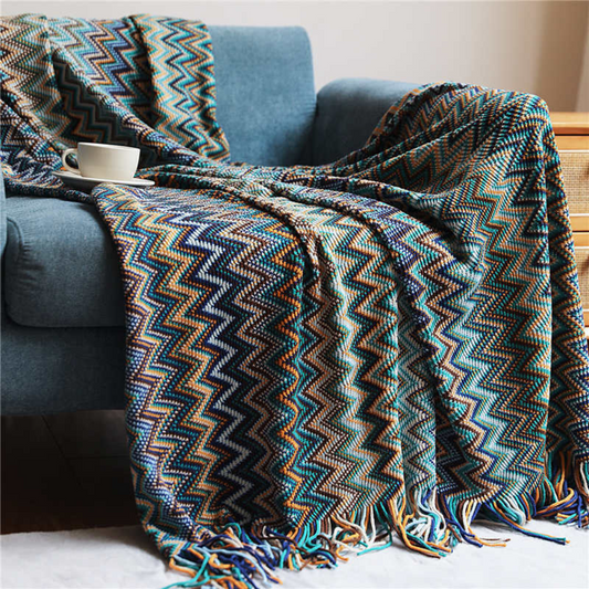 Multicolor Boho Zigzag Knit Throw Blanket with Tassels