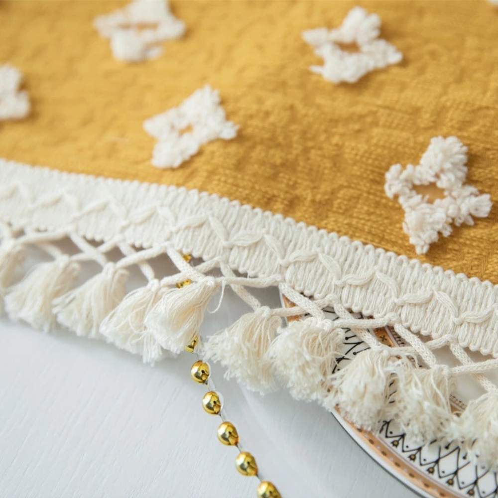 Yellow Embroidered Cotton Tablecloth with Tassels