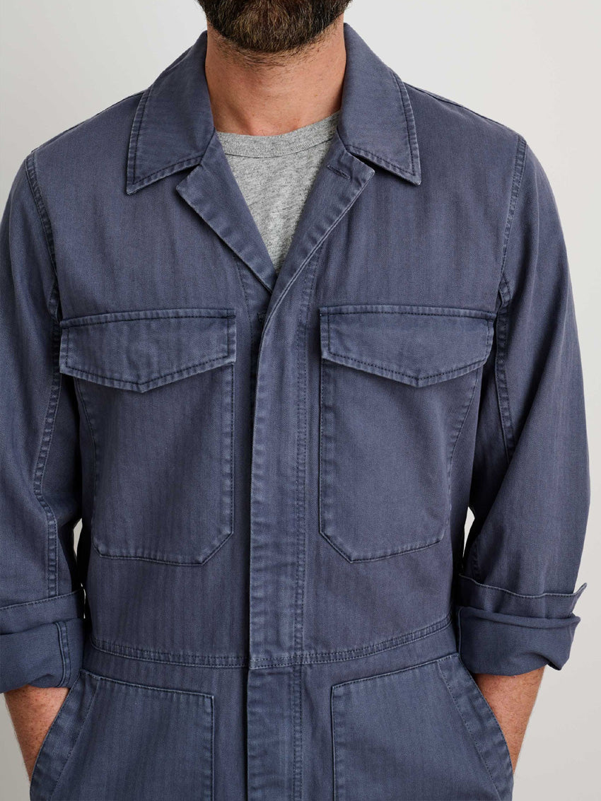 Men's Slim Fit Military Zip Jumpsuit in Cotton Herringbone