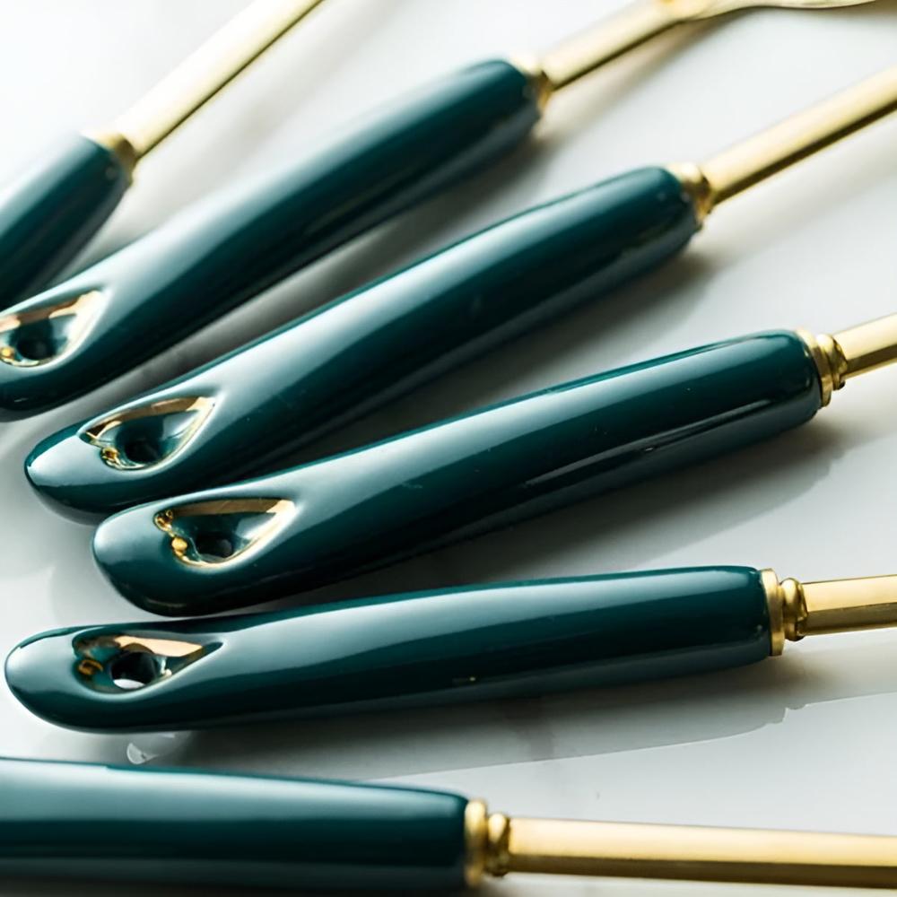 Golden Stainless Steel Utensil Set with Ergonomic Handles and Storage Rack