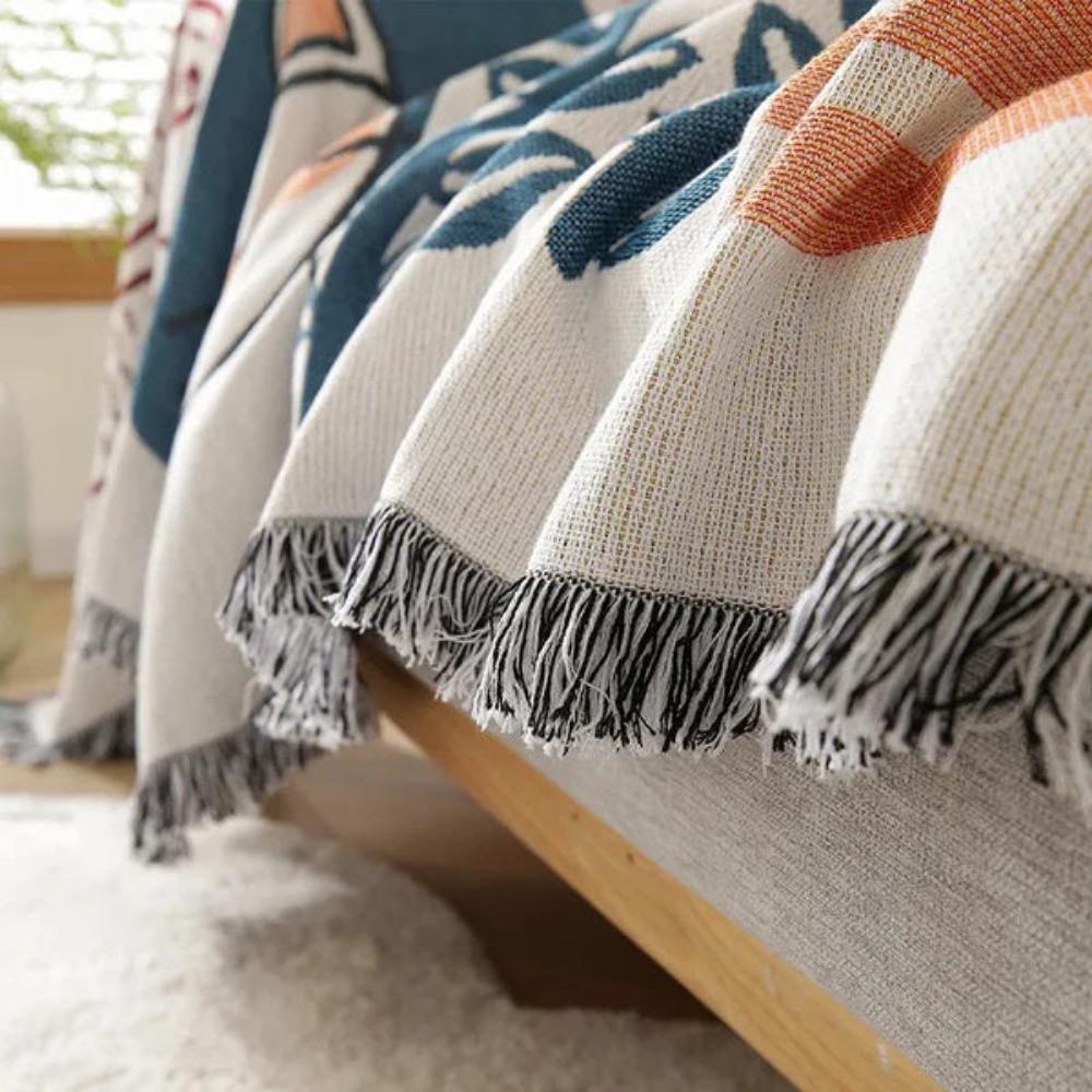 Cotton Linen Tassel Sofa Cover with Jacquard Design