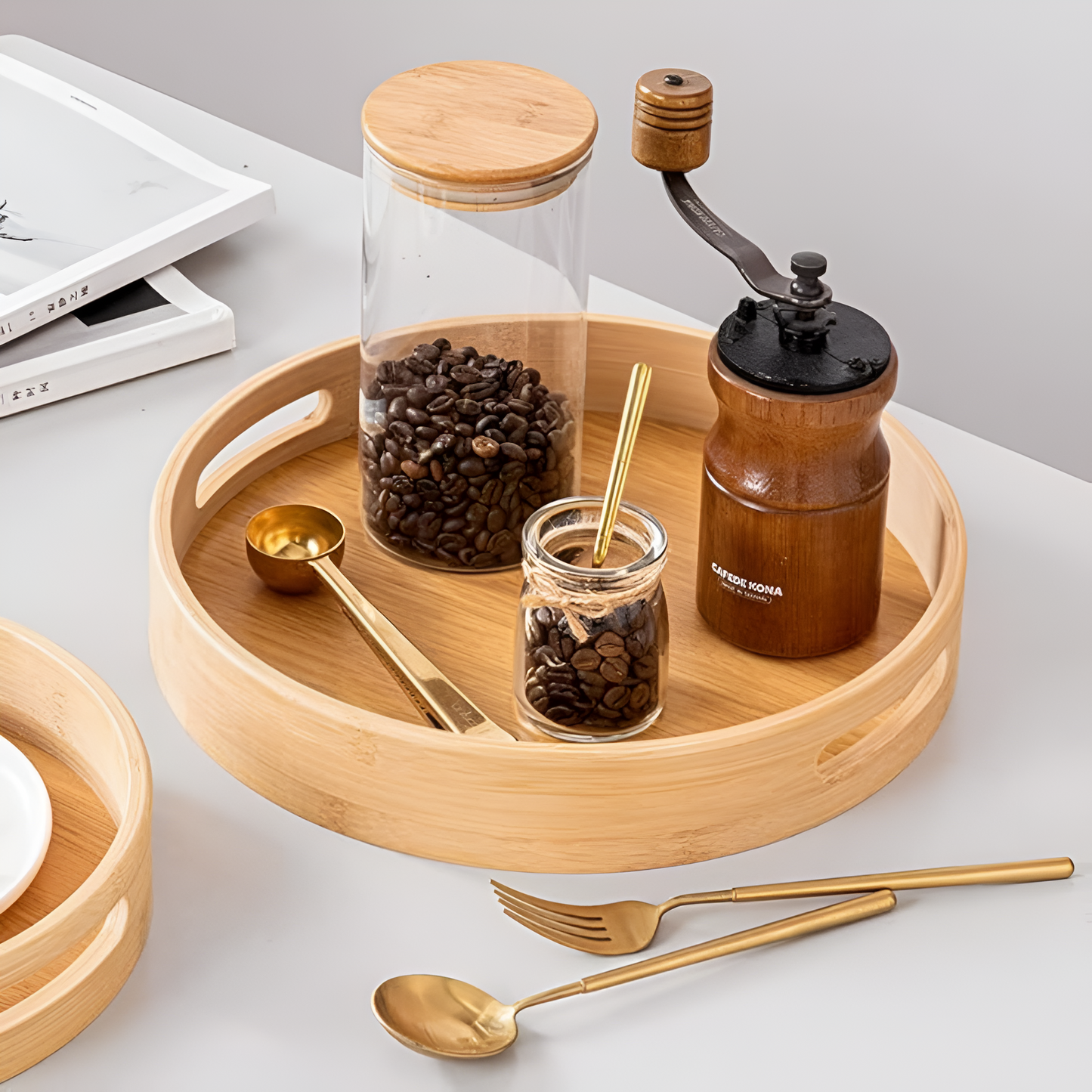 Eco-Friendly Bamboo Round Serving Tray with Handles