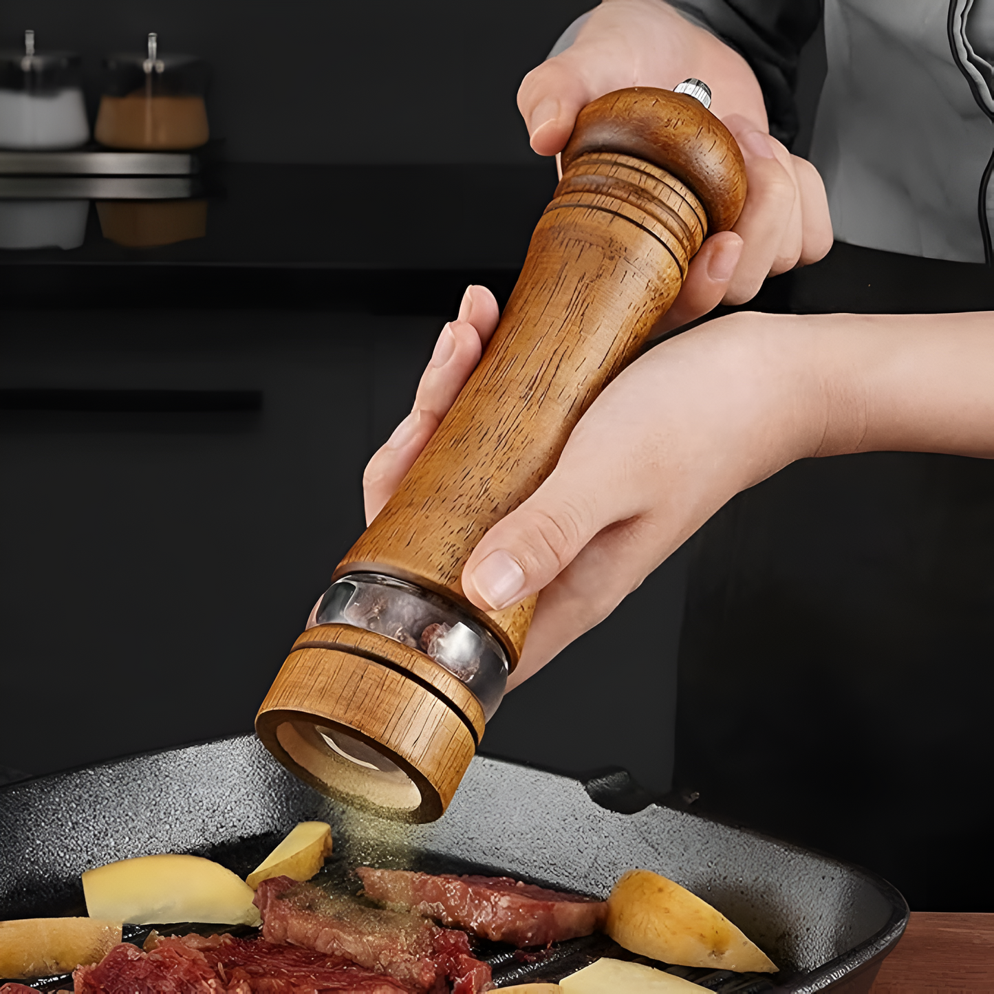 Rustic Oak Salt and Pepper Grinder Set with Adjustable Coarseness