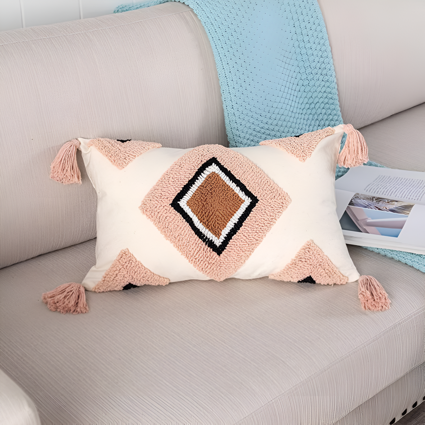 Tufted Cotton Rainbow Geometric Cushion Cover