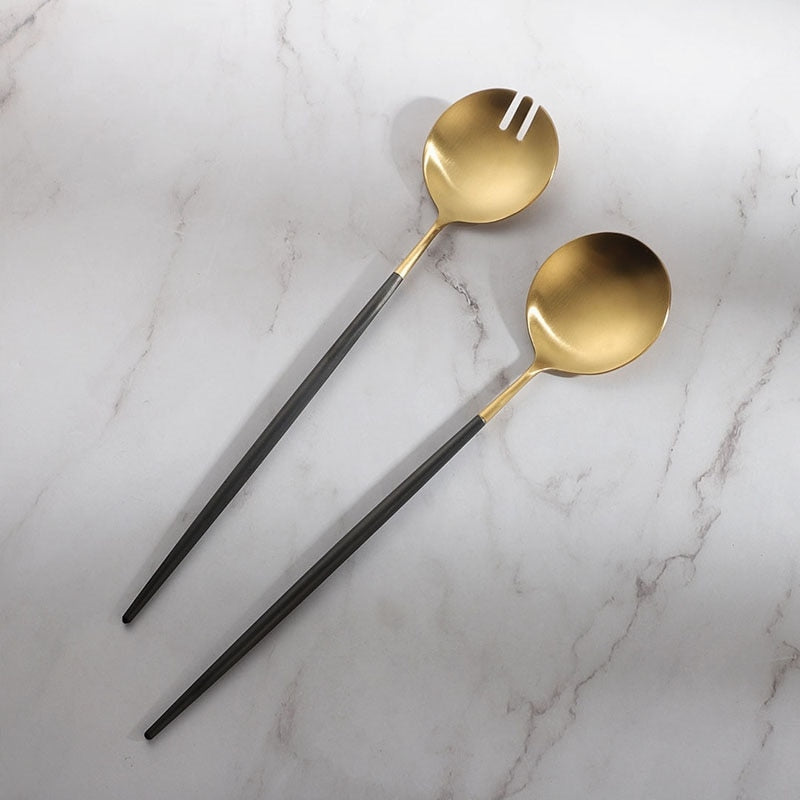 Black and Gold Stainless Steel Salad Serving Utensils Set