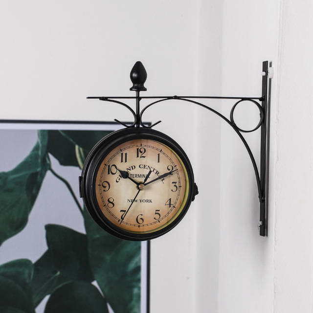 Double-Sided Vintage Iron Wall Clock with Analog and Digital Display