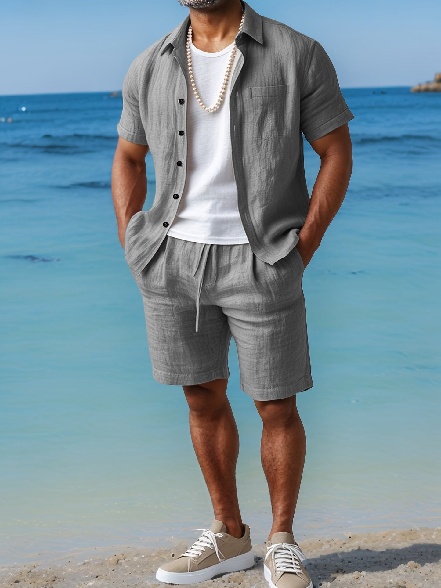 Linen Look Short Sleeve Summer Set for Men with Elastic Waist Shorts