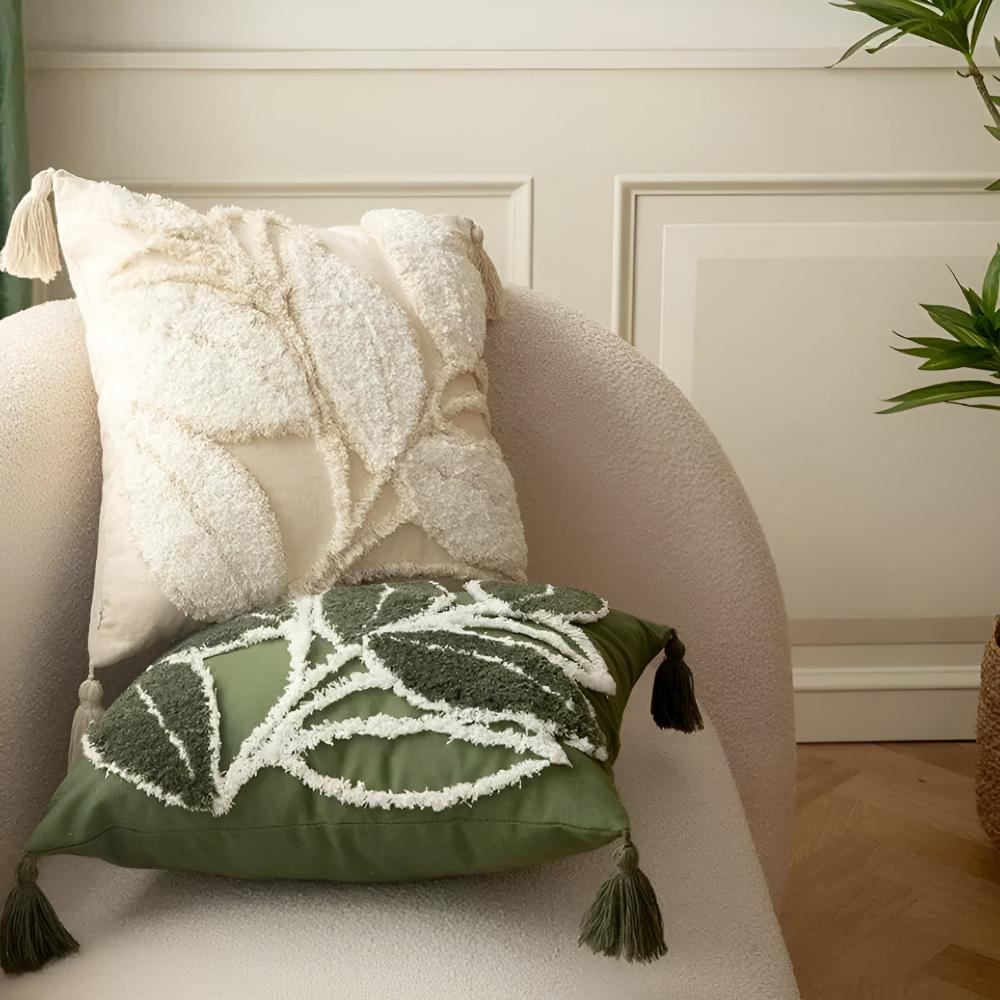 Leaf Motif Plush Cushion Cover with Tassel