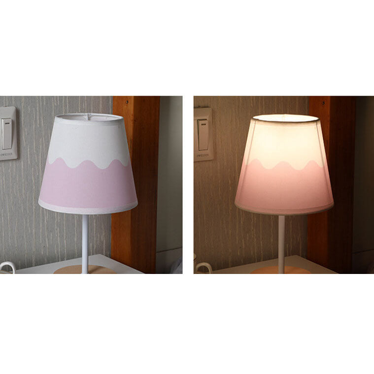 Vintage Fabric Cone Table Lamp with Solid Wood Base and Integrated LED