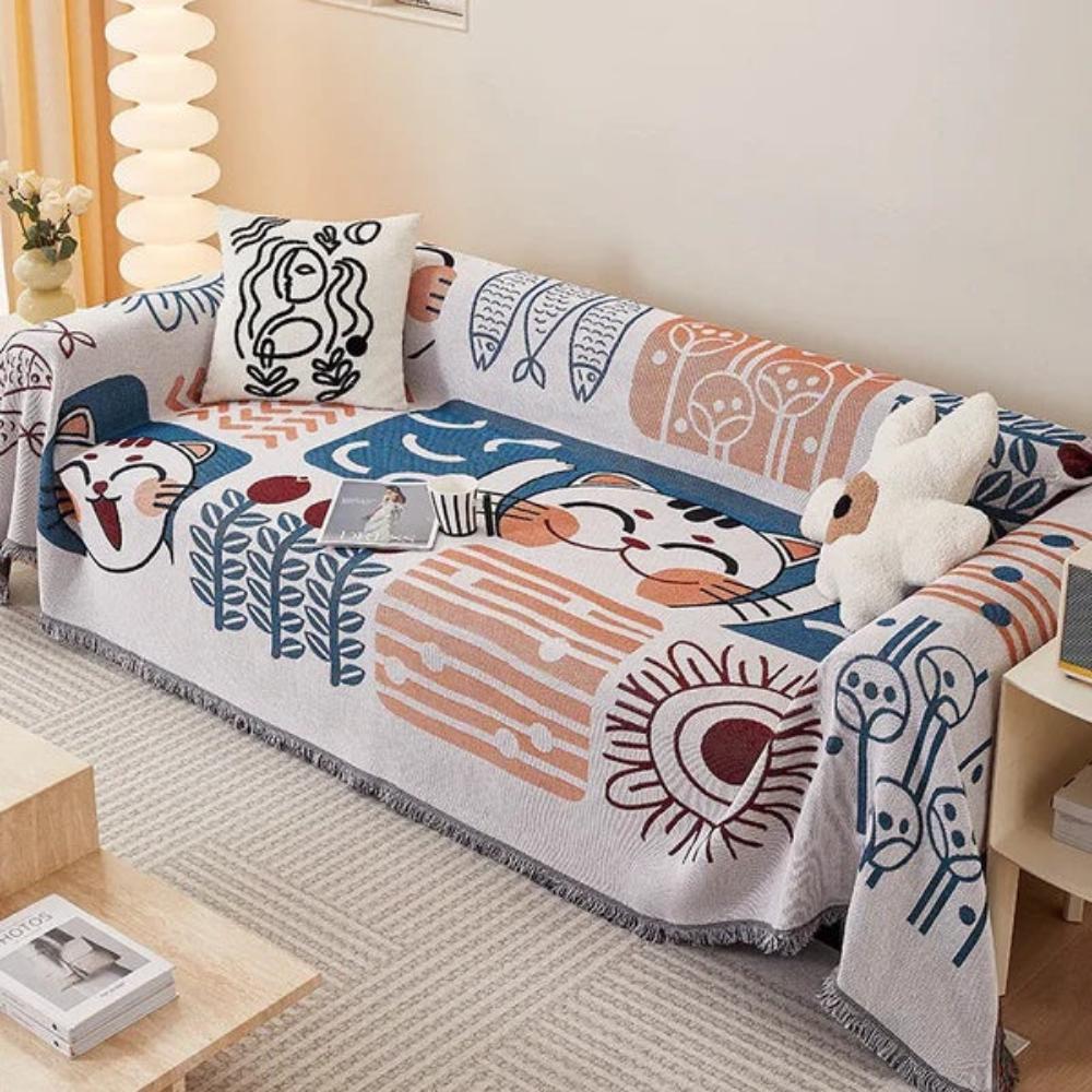 Cotton Linen Tassel Sofa Cover with Jacquard Design