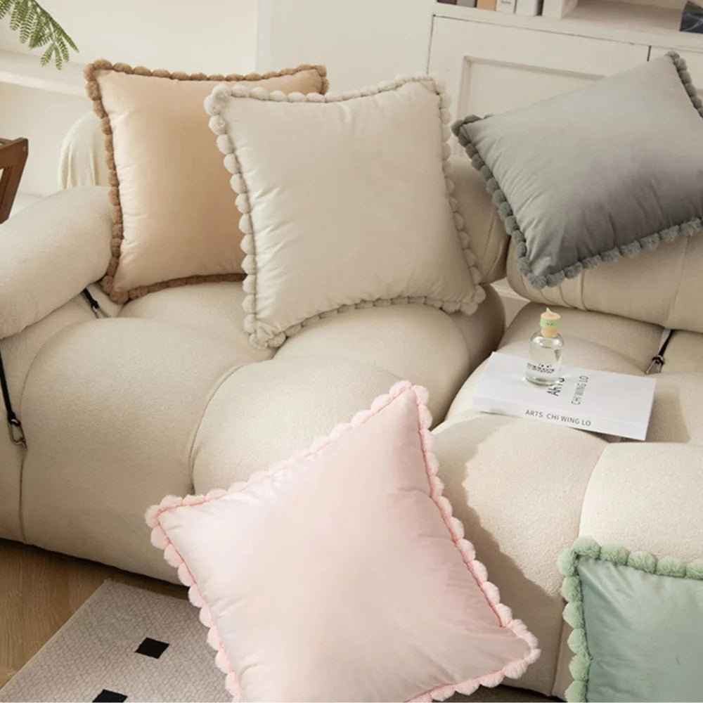 Velvet Cushion Cover with Pom-Pom Trim