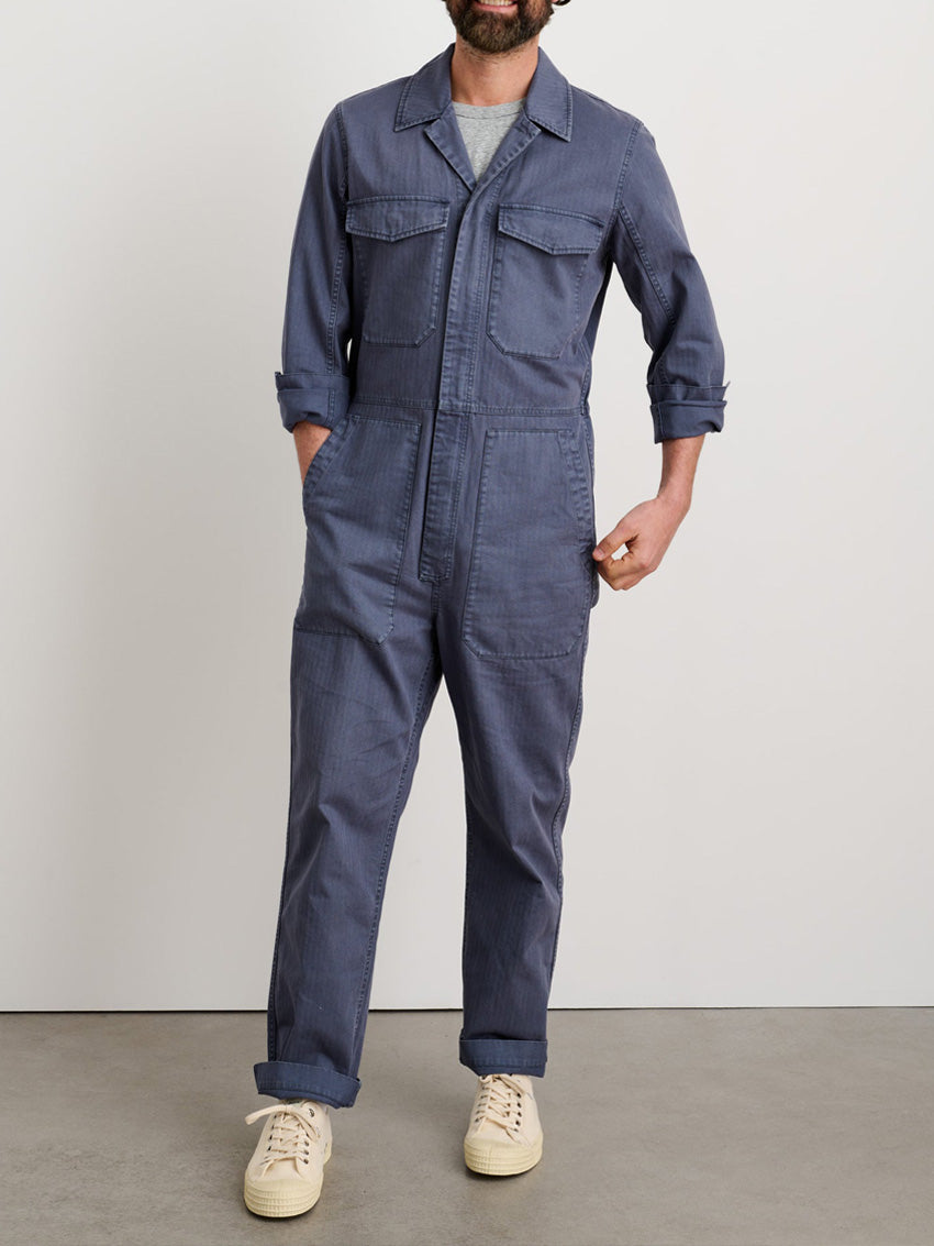 Men's Slim Fit Military Zip Jumpsuit in Cotton Herringbone