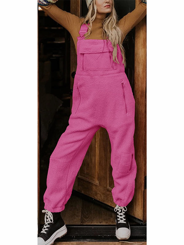 Women's Fleece Thermal Overalls with Adjustable Straps and Zippered Pockets