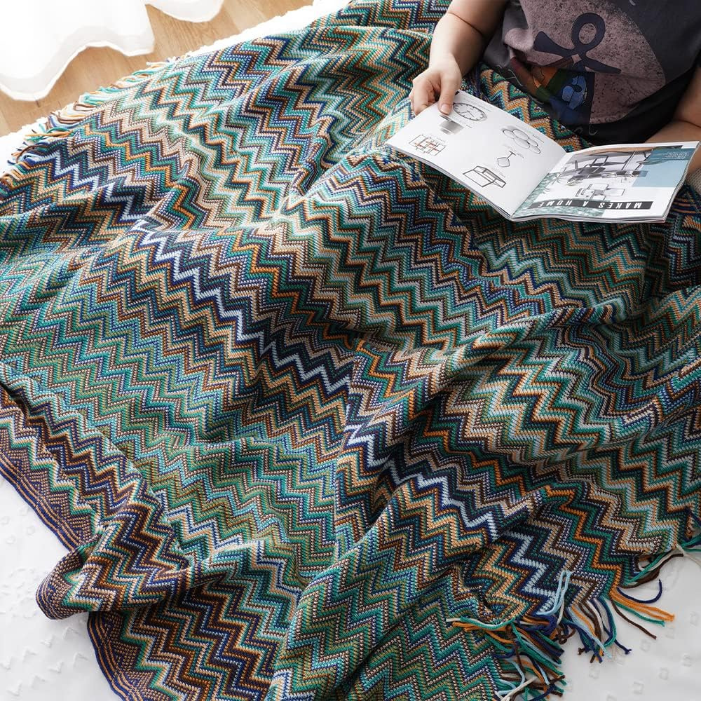 Multicolor Boho Zigzag Knit Throw Blanket with Tassels