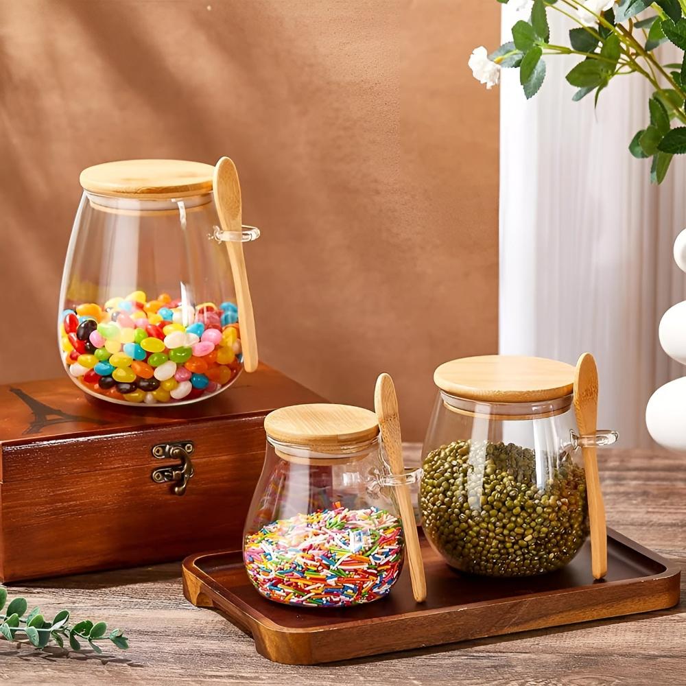 Airtight Glass Storage Jar with Wooden Lid and Spoon
