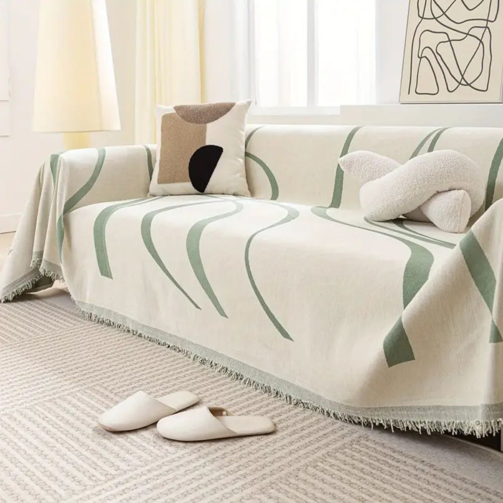 Chenille Sofa Cover with Wave Lines and Tassels