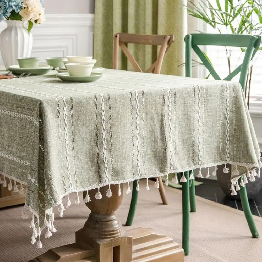 Elegant Striped Cotton Linen Tablecloth with Embroidery and Tassel Lace