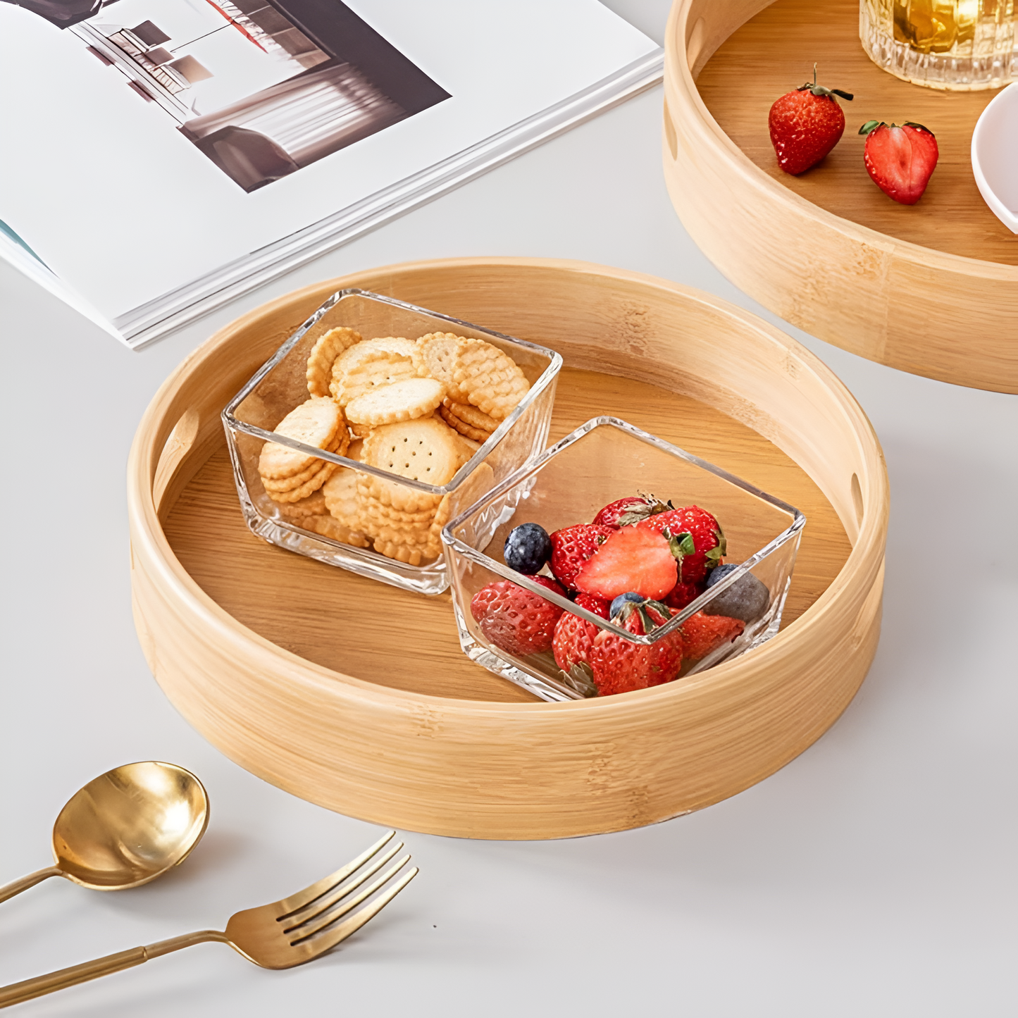Eco-Friendly Bamboo Round Serving Tray with Handles