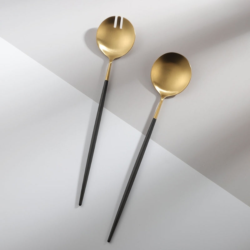 Black and Gold Stainless Steel Salad Serving Utensils Set