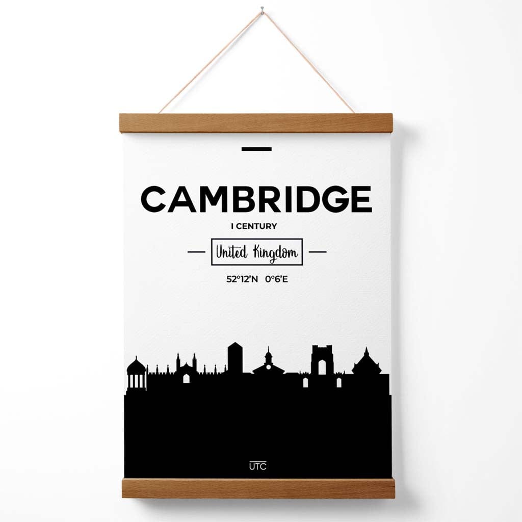 Black and White Cambridge City Skyline Poster with Hanger