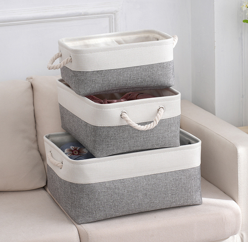 Foldable Cotton Linen Storage Basket with Rope Handles