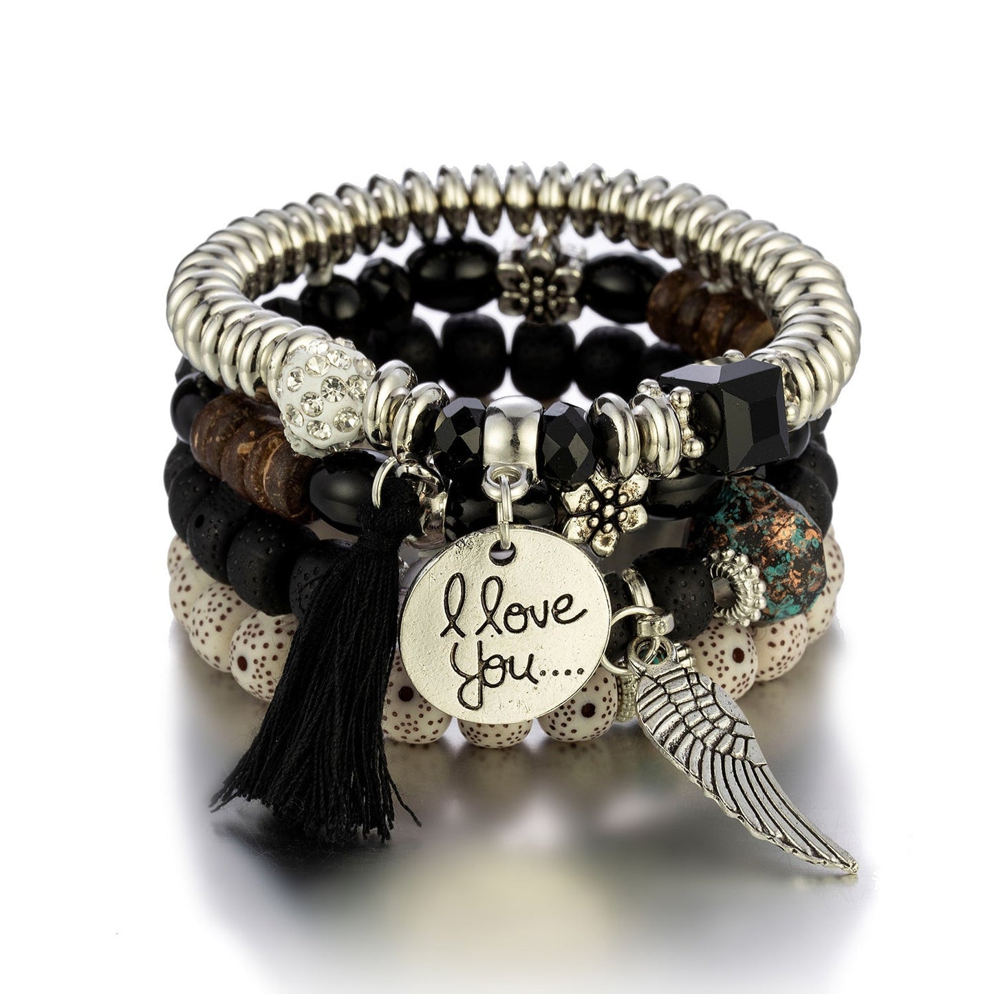 I Love You Beaded Bracelet Set with Silver Charm and Tassel