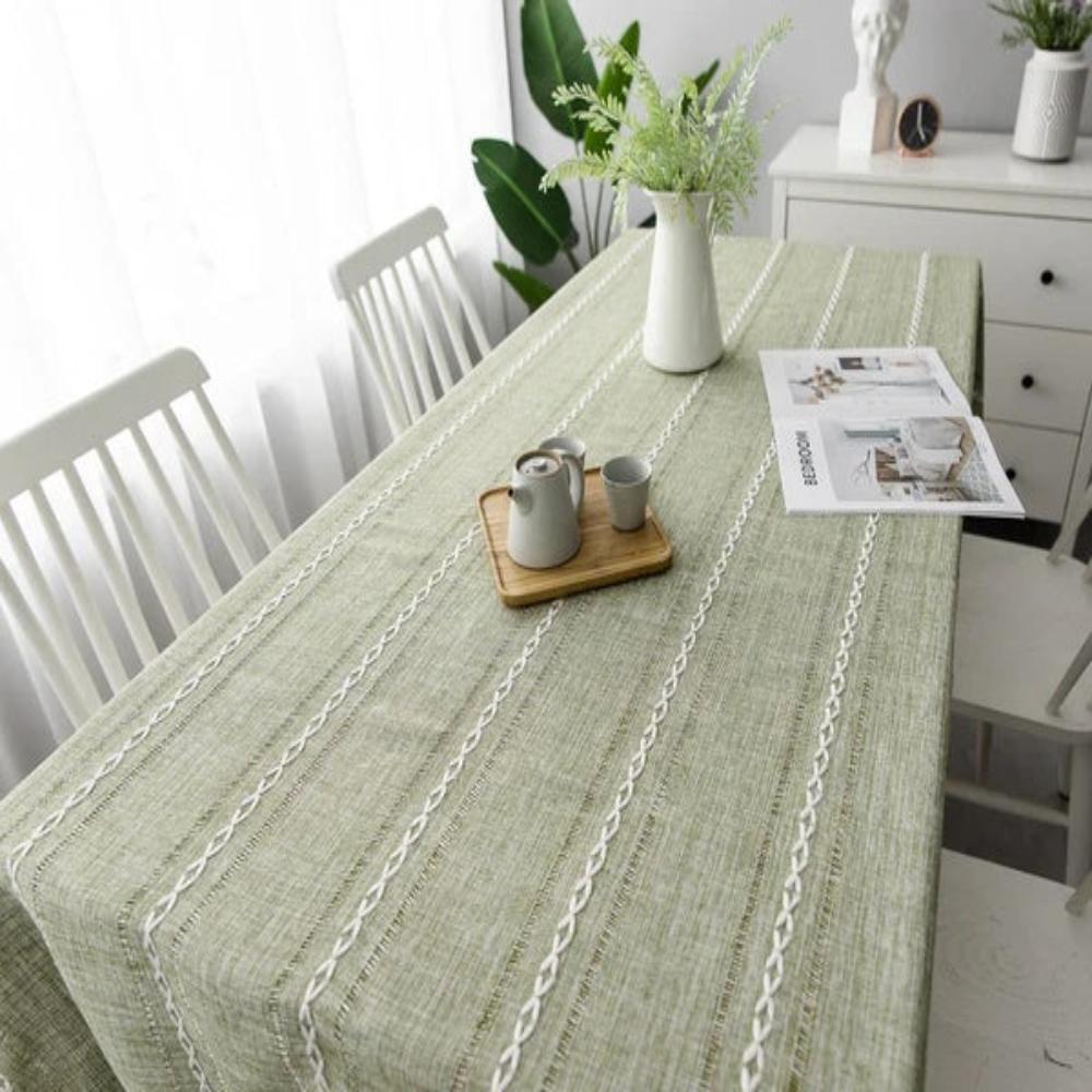 Elegant Striped Cotton Linen Tablecloth with Embroidery and Tassel Lace