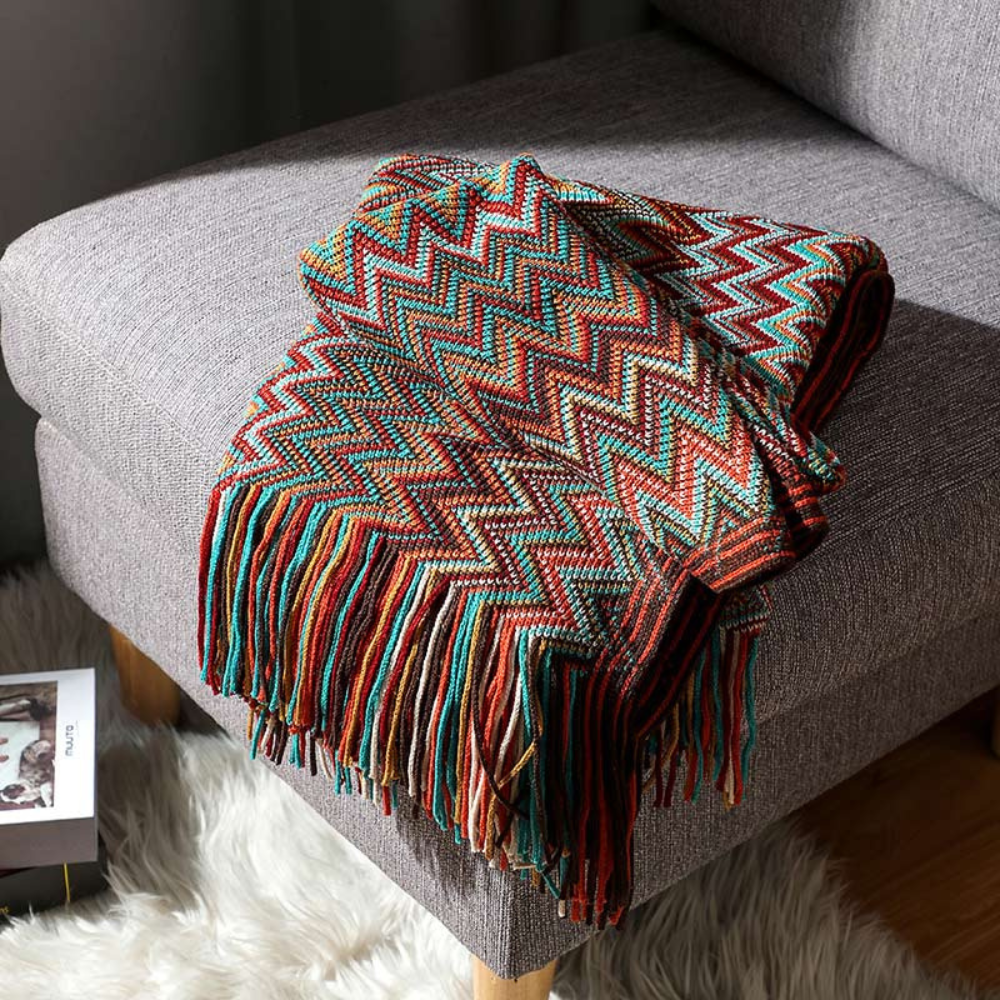 Multicolor Boho Zigzag Knit Throw Blanket with Tassels