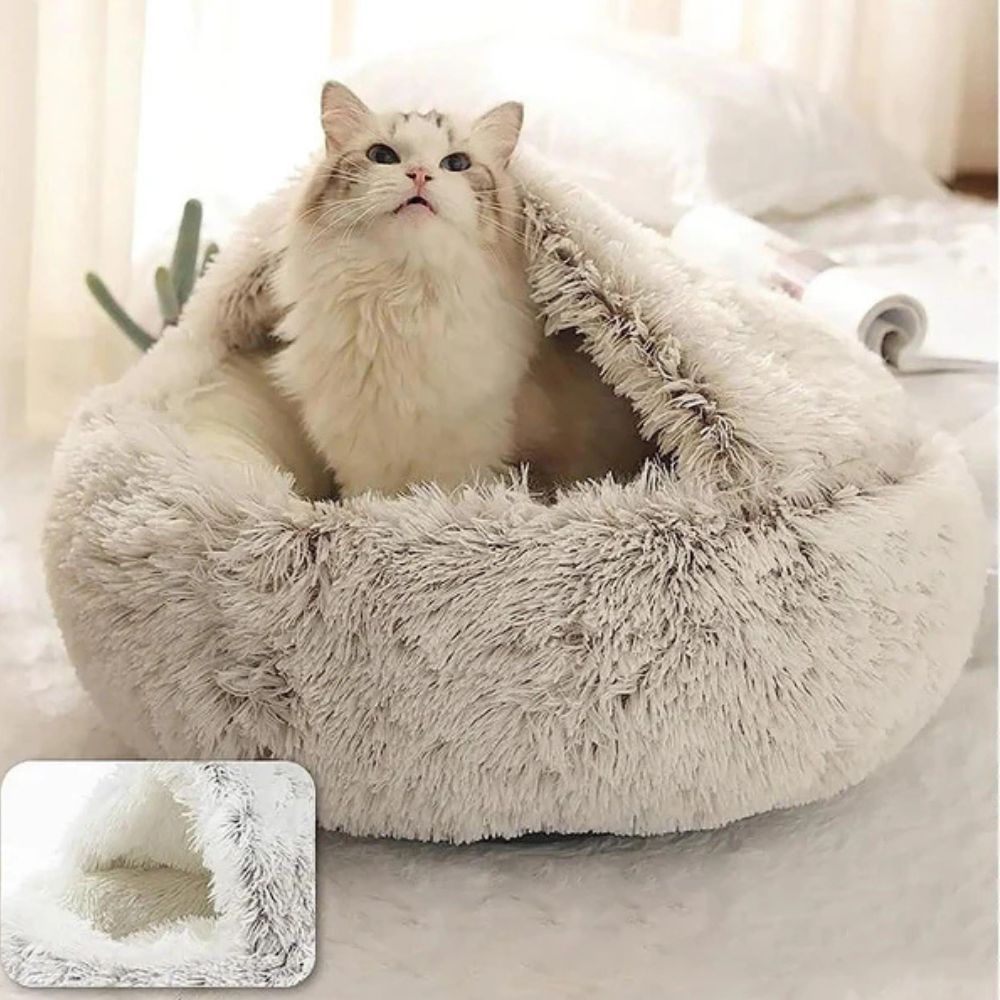 Hooded Faux Fur Pet Bed for Cats and Dogs