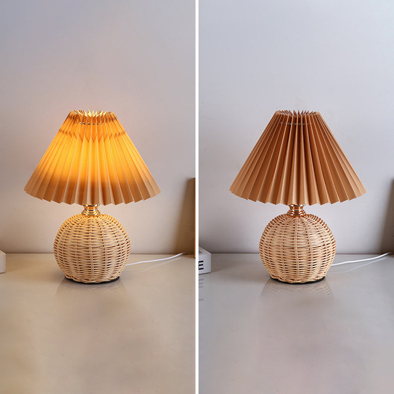 Nordic LED Table Lamp with Woven Rattan Base and Dimmable Fabric Shade