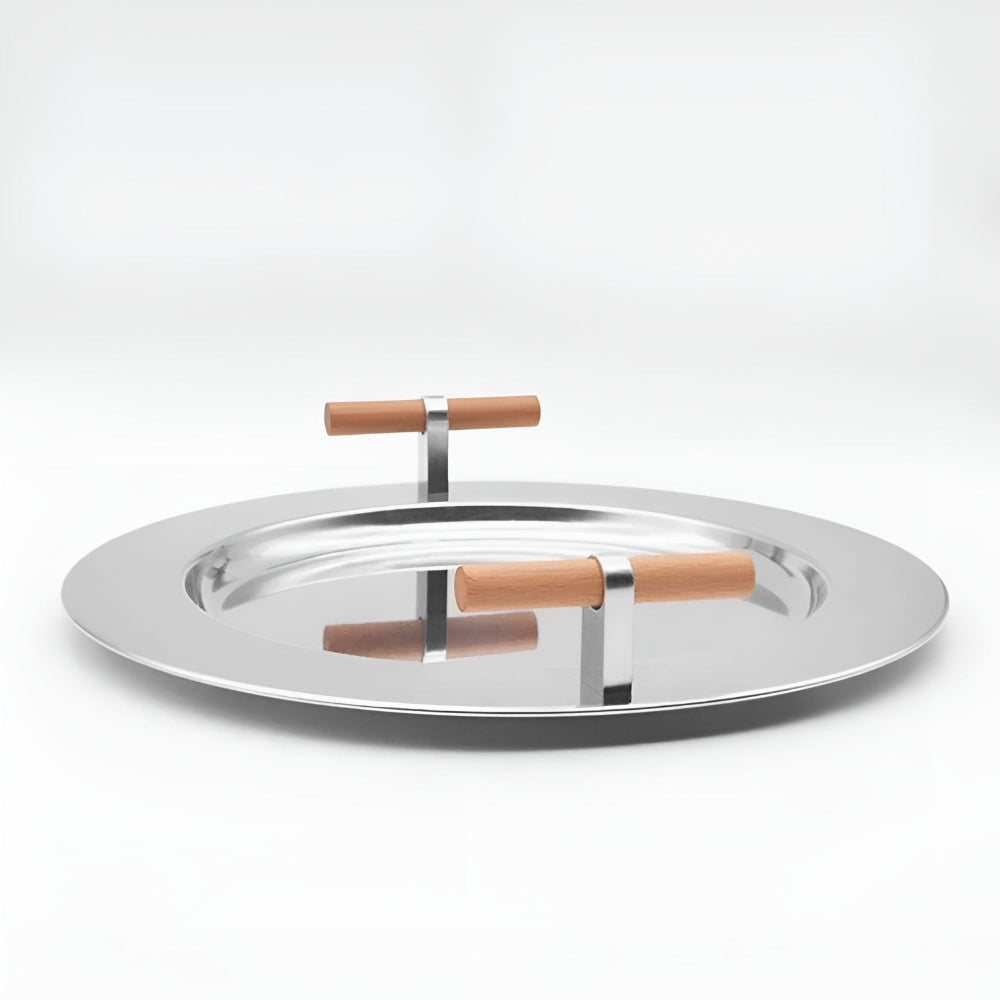 Stainless Steel Round Serving Tray with Wooden Handles