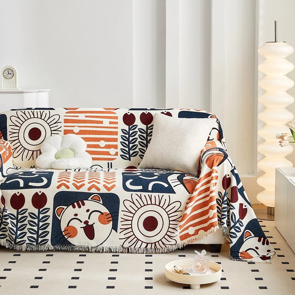 Cotton Linen Tassel Sofa Cover with Jacquard Design