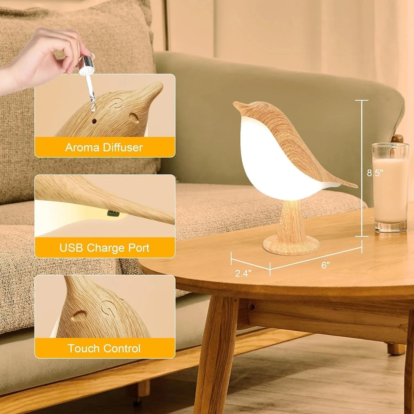 Touch-Control Wooden Bird Night Light with Aromatherapy Diffuser - Rechargeable LED Lamp