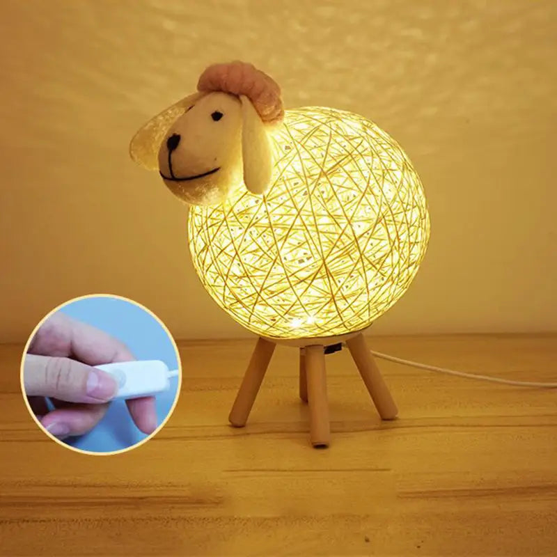 Sheep-Shaped Night Lamp with Woven Shade and Wooden Base