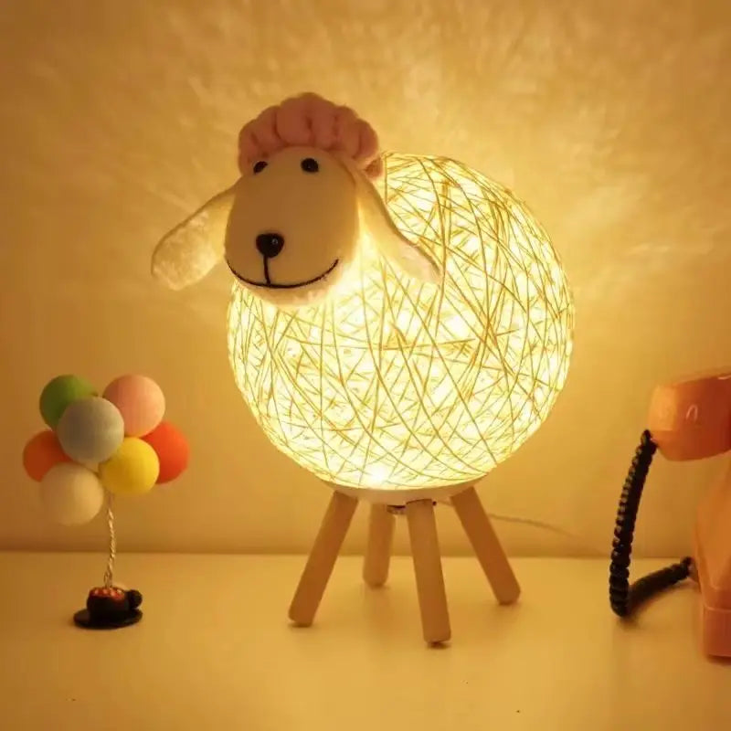 Sheep-Shaped Night Lamp with Woven Shade and Wooden Base