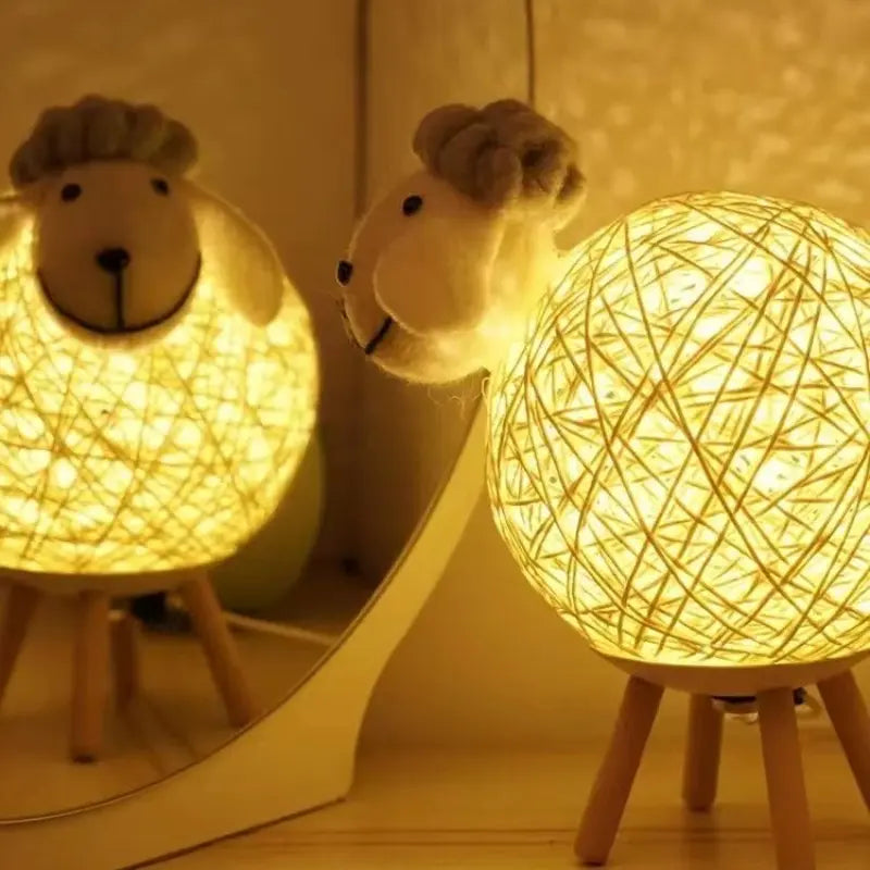 Sheep-Shaped Night Lamp with Woven Shade and Wooden Base