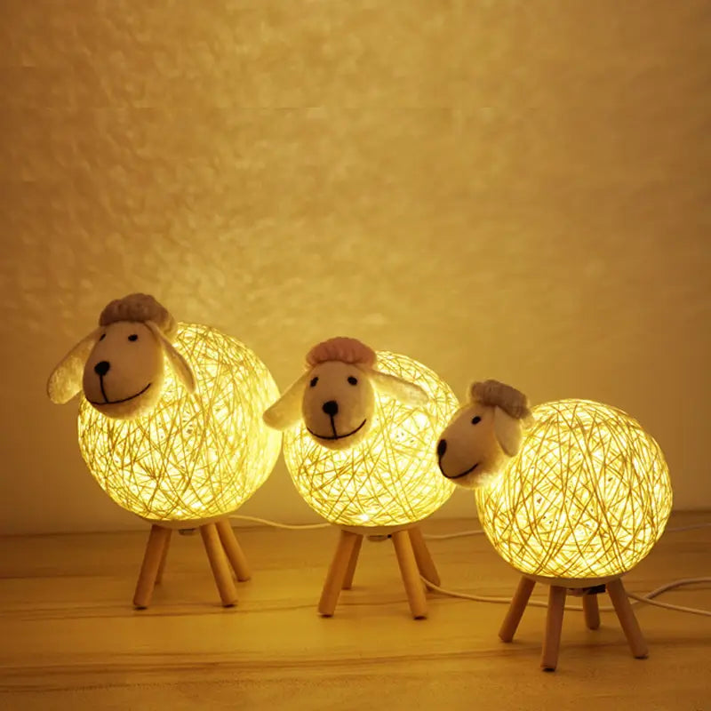 Sheep-Shaped Night Lamp with Woven Shade and Wooden Base