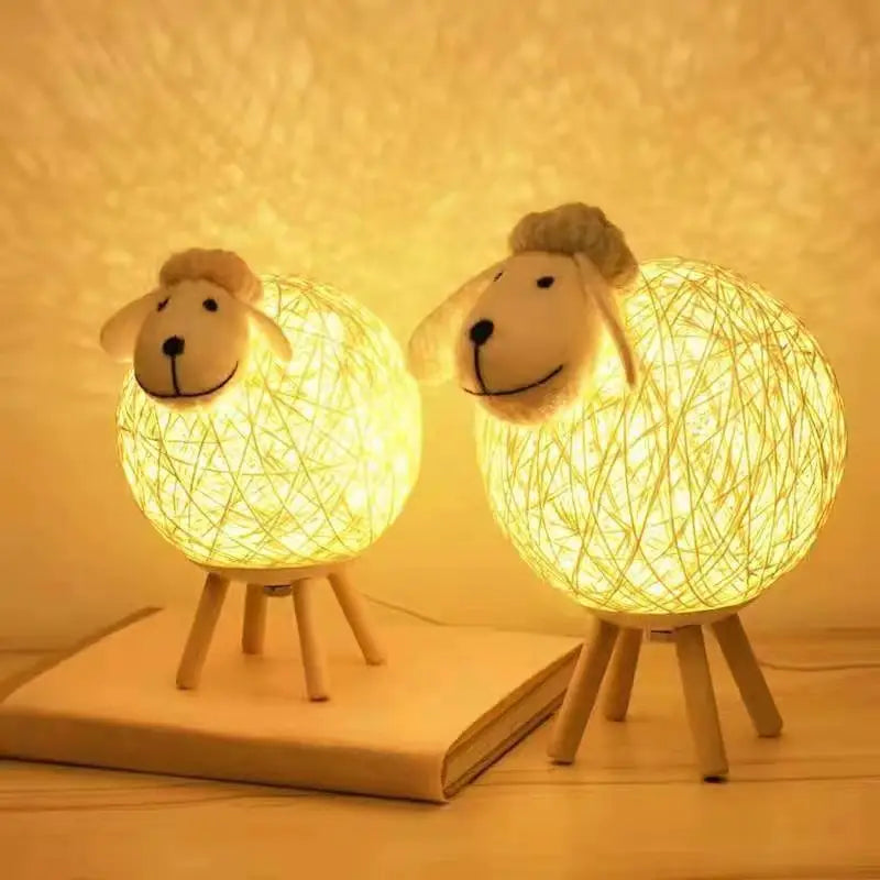 Sheep-Shaped Night Lamp with Woven Shade and Wooden Base
