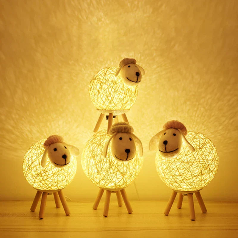 Sheep-Shaped Night Lamp with Woven Shade and Wooden Base