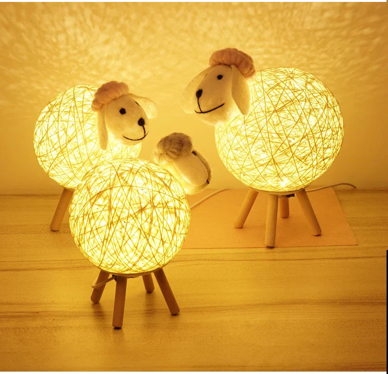 Sheep-Shaped Night Lamp with Woven Shade and Wooden Base