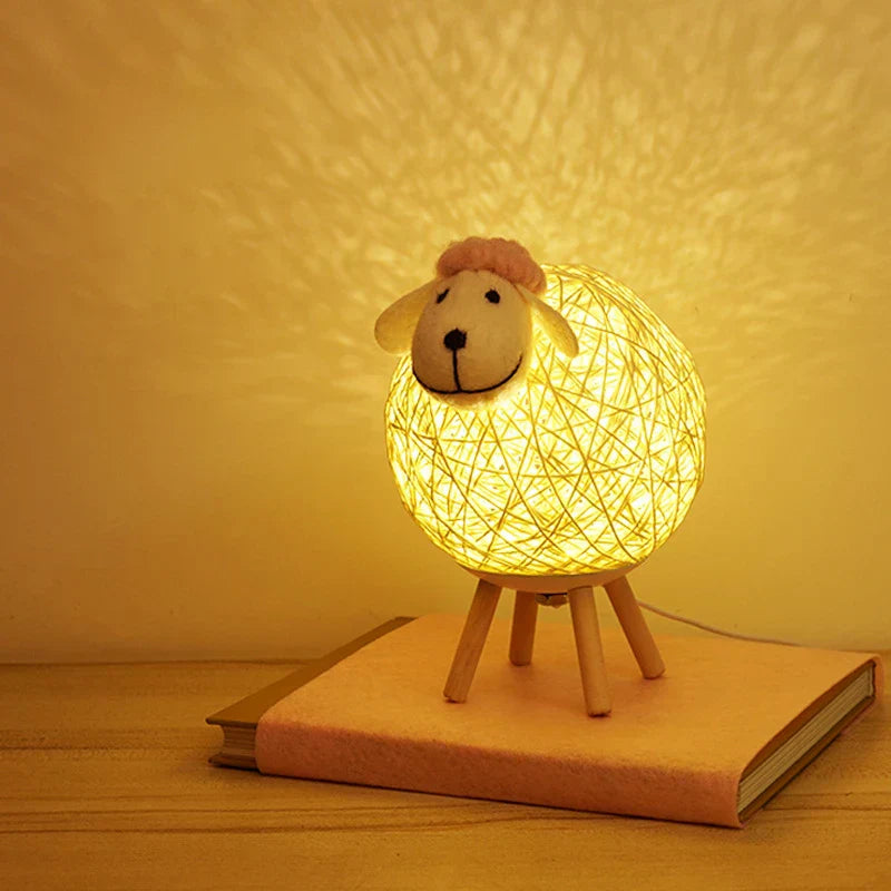 Sheep-Shaped Night Lamp with Woven Shade and Wooden Base