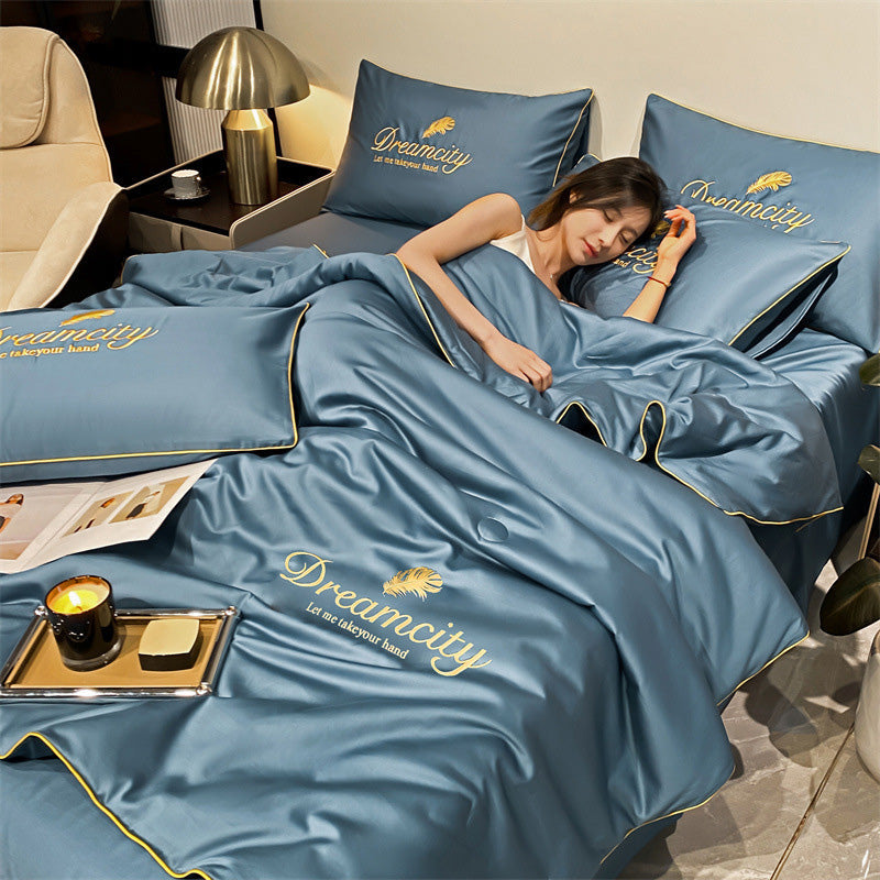 Cooling Silk Summer Quilt - Lightweight Blue Bedding Set
