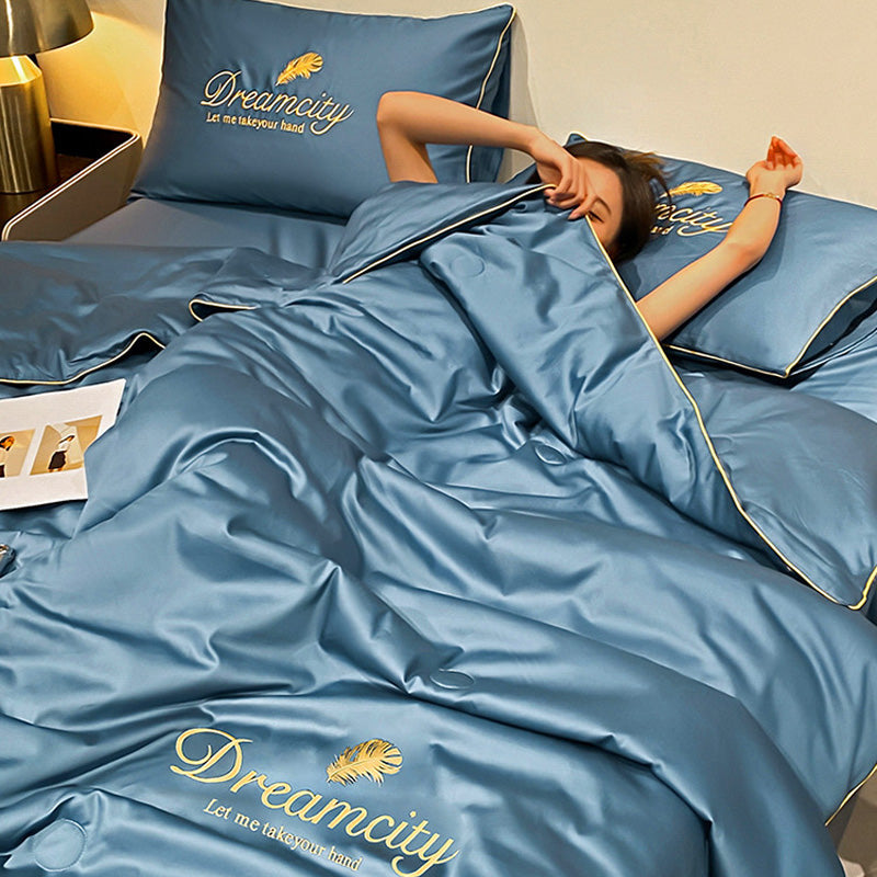 Cooling Silk Summer Quilt - Lightweight Blue Bedding Set