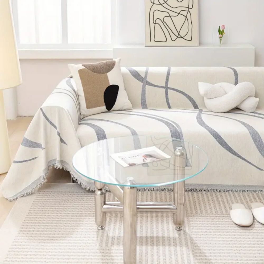 Chenille Sofa Cover with Wave Lines and Tassels