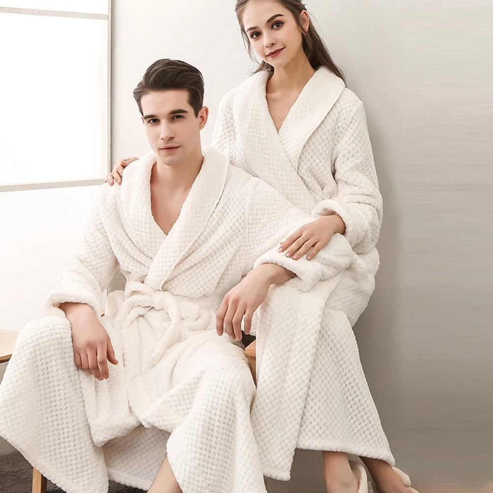 Unisex Fleece Winter Bathrobe with Pockets and Belt